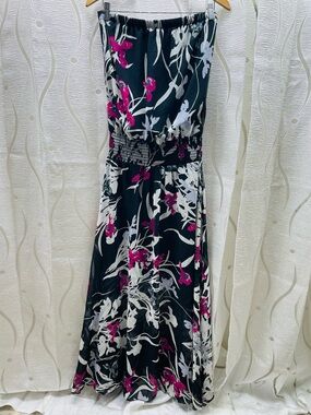 Va Va Voom Floral Maxi Dress Womens L Black Pink Strapless Smocked. Need repair!